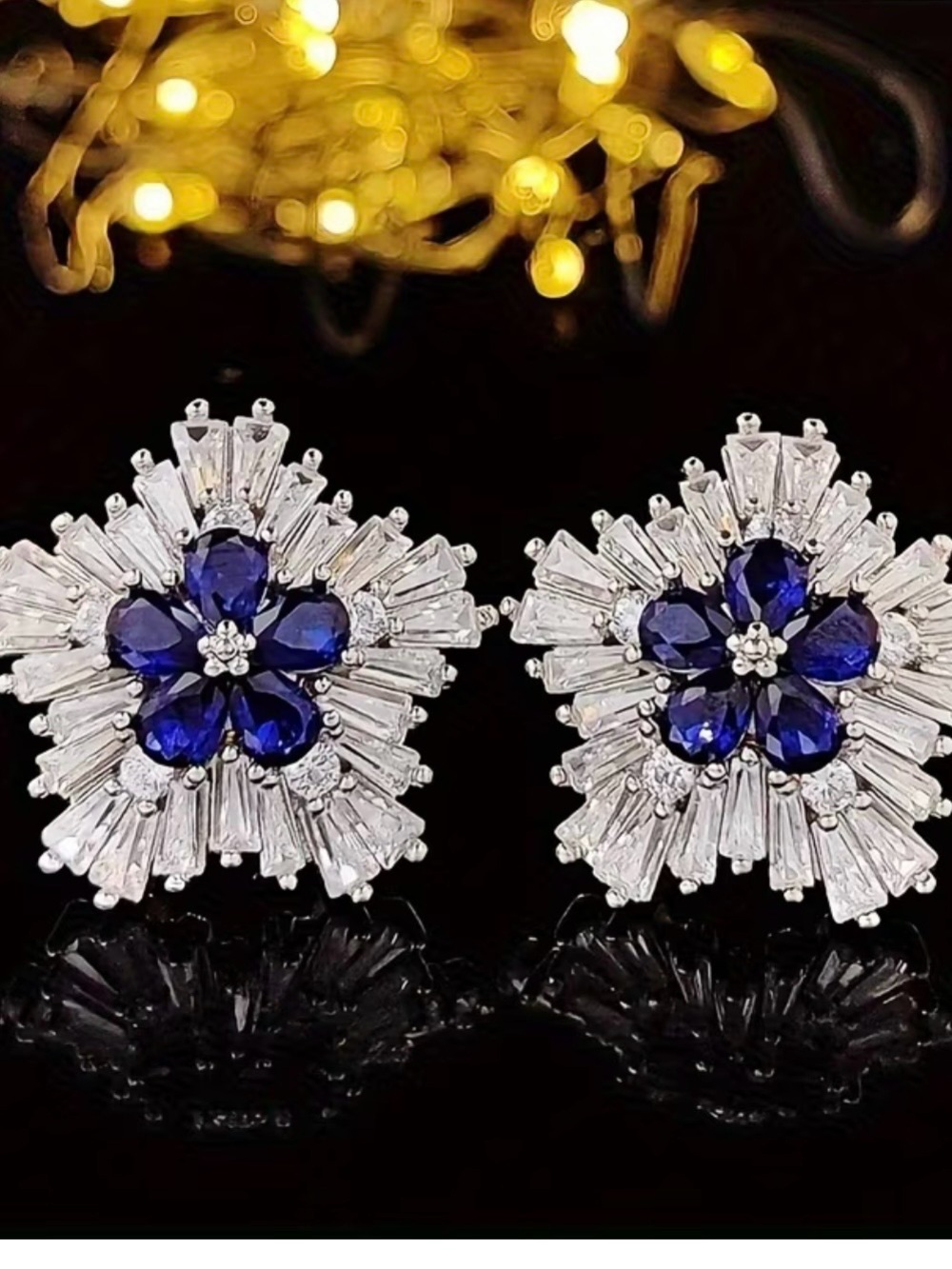 💙 Radiant Blue Floral Faux Sapphire CZ baguettes Stud Earrings in Silver Tone
